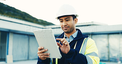 Buy stock photo Construction, typing and man on tablet at building site for planning, review and online report. Architecture, engineer and person on tech for inspection, contractor schedule and renovation project
