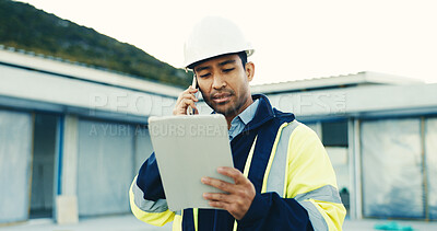 Buy stock photo Phone call, man or engineer with tablet for building schedule, progress update or coordination. Tech, engineering and person talk with contact, construction development and project timeline outdoor