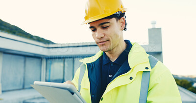 Buy stock photo Building, reading and man on tablet at construction site for planning, review and online report. Architecture, engineer and person on tech for inspection, evaluation and renovation project on rooftop