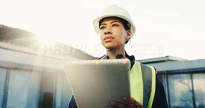 Buy stock photo Construction, thinking and woman with tablet, site inspection and reflection on remodeling project. Flare, ppe and supervisor with tech, progress perspective and operation plan in building renovation