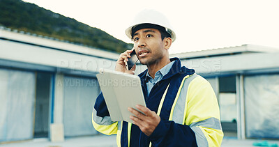 Buy stock photo Phone call, man or engineer with tablet for construction schedule, progress update or coordination. Tech, engineering and person talk with contact, building development and project timeline outdoor
