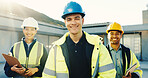 Construction, portrait and team with renovation, collaboration and about us in building industry. Flare, people and engineer with smile, development group and confidence in remodeling project.