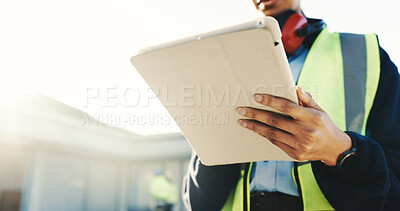Buy stock photo Construction, hands and woman on tablet for building review, compliance report and research. Architecture, engineer and person on tech for inspection, schedule and planning for renovation project