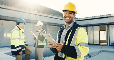 Buy stock photo Smile, engineer and tablet outdoor for construction, research and checklist for building progress. Portrait, man and flare on rooftop with tech, blueprint and inspection report on architecture update