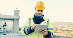Construction, outdoor and man on tablet for building report, review and online evaluation. Architecture, engineer and person on tech for inspection, demolition schedule and planning for renovation
