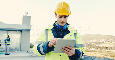 Buy stock photo Construction, outdoor and man on tablet for building report, review and online evaluation. Architecture, engineer and person on tech for inspection, demolition schedule and planning for renovation