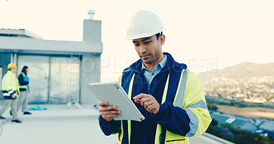 Buy stock photo Construction, online and man on tablet outdoor for building update, review and renovation report. Architecture, engineer and person on tech for inspection, contractor schedule and remodeling project