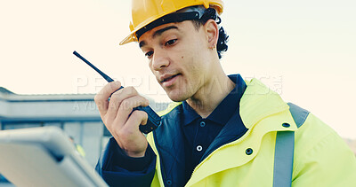 Buy stock photo Supervisor, construction and man with radio and tablet for talking, instruction and building update. Engineering, architecture and person with communication, compliance and feedback for online report