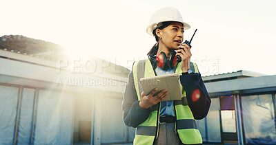 Buy stock photo Outdoor, construction and woman with radio, tablet and talking for building update and instruction. Flare, architecture and supervisor with communication, compliance and engineering report on tech