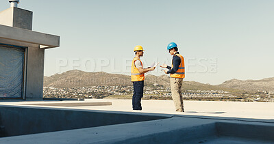 Buy stock photo Technician, blueprint and meeting on site with construction worker, discussion and plan for project. Electrician, builder and men talk outdoor with layout document, teamwork and property development.