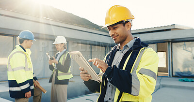 Buy stock photo Man, engineer and tablet at site for construction, research and checklist for building progress. Smile, person or reading on rooftop with tech, blueprint and inspection report for architecture update