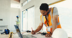 Engineer, man and drawing on construction site with blueprint, laptop and check design specification. Engineering supervisor, person and layout illustration in building with computer, review or plan.