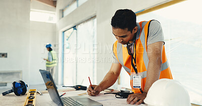 Buy stock photo Engineer, man and drawing on construction site with blueprint, laptop and check design specification. Engineering supervisor, person and layout illustration in building with computer, review or plan.