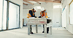Men, architect and planning in meeting on construction site for building project, design or strategy. Male people, contractor or civil engineer with floor layout for architecture development together
