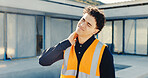Man, architect or neck pain with injury on construction site for building accident, fall or stress. Frustrated, male person or contractor with sore discomfort for muscle tension, emergency or mistake