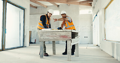Buy stock photo Men, architect and pointing in meeting on construction site for building project, design or strategy. Male people, contractor or civil engineer with inspection for architecture development together