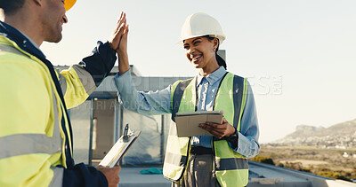 Buy stock photo People, engineer and high five at site for construction, approval and success of project completion. Smile, team and celebration outdoor with tablet, building progress and achievement of architecture