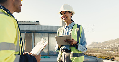Buy stock photo Engineer, smile and meeting on site with construction worker, tablet and collaboration for project. Happy people, engineering supervisor and builder outdoor with tech, teamwork and renovation update.