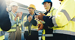 People, engineer and applause at site for construction, good news and success of building progress. Smile, team and clapping hands outdoor for celebration, design approval and architecture milestone