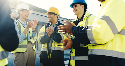 Buy stock photo People, engineer and applause at site for construction, good news and success of building progress. Smile, team and clapping hands outdoor for celebration, design approval and architecture milestone