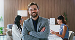 Happy, man and business people in meeting for finance agency, about us and pride in office. Portrait, corporate and person with crossed arms for financial review, investment consultant and ambition