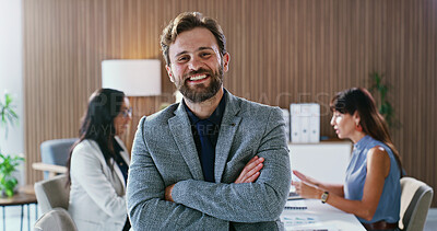 Buy stock photo Happy, man and business people in meeting for finance agency, about us and pride in office. Portrait, corporate and person with crossed arms for financial review, investment consultant and ambition