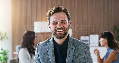 Buy stock photo Happy, man and business people in office for finance agency, about us and pride for opportunity. Portrait, corporate and person in meeting for financial review, investment consultant and ambition