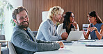 Man, portrait and business people in meeting for finance review, planning and budget proposal. Team, happy and workers in boardroom for financial strategy, profit and about us at investment agency