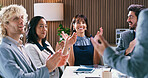 Business, people and meeting in office with applause, good news and celebration of finance success. Smile, team or clapping hands in workplace for presentation, well done and financial pitch approval