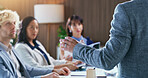 Business, presentation and hands with speaker for coaching, staff training or company proposal. Mentor, leader or discussion with corporate team for seminar, workshop or meeting in boardroom office