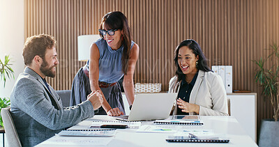 Buy stock photo Meeting, happy and business people in office for finance, risk assessment and budget review. Team, boardroom and workers with paperwork for discussion, financial strategy and chart for investment