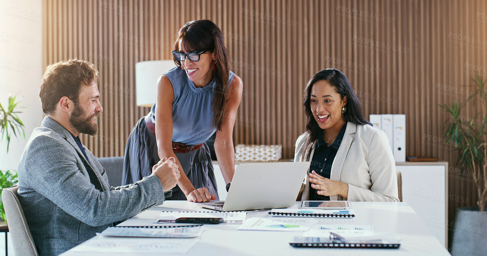 Buy stock photo Meeting, happy and business people in office for finance, risk assessment and budget review. Team, boardroom and workers with paperwork for discussion, financial strategy and chart for investment