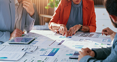 Buy stock photo People, hands and meeting with documents for analytics, performance review or revenue strategy. Group, employees or team with paperwork, graph or chart for company profit, increase or work progress