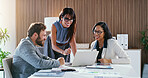 Smile, business and people in meeting with laptop, research and finance report for sales revenue. Team, reading and pc in office with statistics, company results and online graphs for financial audit