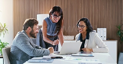 Buy stock photo Smile, business and people in meeting with laptop, research and finance report for sales revenue. Team, reading and pc in office with statistics, company results and online graphs for financial audit