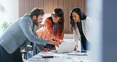 Buy stock photo Happy, business and people in meeting with laptop, research and finance report for sales revenue. Team, reading and pc in office with statistics, company results and online graphs for financial audit