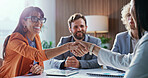 Happy, meeting and people with handshake for business agreement, partnership or hiring in office. Group, employees or colleagues shaking hands with smile for recruiting or career onboarding together