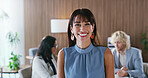 Portrait, woman and business people in meeting for finance agency, about us and pride for opportunity. Happy, corporate and person in office for financial review, investment consultant and ambition