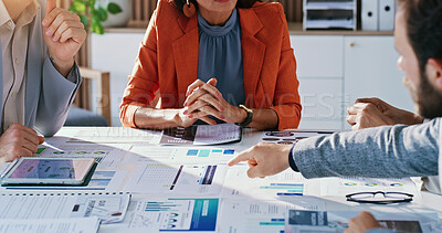 Buy stock photo Hands, people and graphs in meeting with documents, analysis and finance report for sales revenue. Team, reading and paperwork in office with statistics, company results and data for financial audit