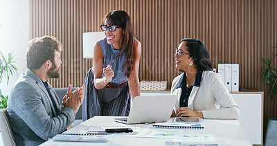 Buy stock photo Happy, office and business people in meeting for planning, risk assessment and good news for budget. Team, boardroom and workers with manager for discussion, financial strategy and investment success