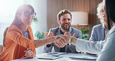 Buy stock photo Happy, meeting and business people with handshake in office for hiring, onboarding or agreement. Excited, group or employees shaking hands with smile for recruitment process, success or opportunity