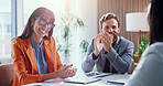 Smile, business and people in meeting with applause, good news and celebration of finance success. Happy, team and clapping hands in office for well done, praise employee and financial pitch approval