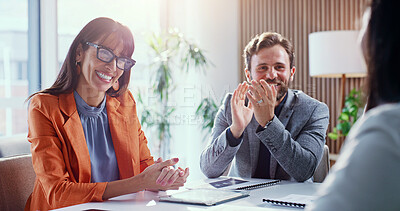 Buy stock photo Smile, business and people in meeting with applause, good news and celebration of finance success. Happy, team and clapping hands in office for well done, praise employee and financial pitch approval