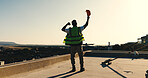 Back, engineer and fist pump outdoor for construction, good news and foundation success of project. Space, man or raised hands on rooftop for celebration, pass inspection and architecture achievement