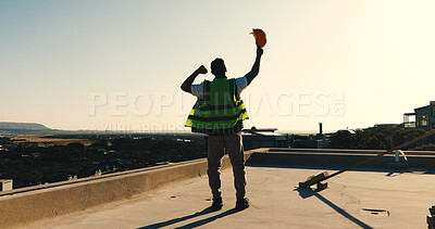 Buy stock photo Back, engineer and fist pump outdoor for construction, good news and foundation success of project. Space, man or raised hands on rooftop for celebration, pass inspection and architecture achievement