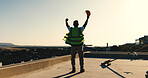Back, engineer and fist pump at site for construction, good news and foundation success of project. Space, man or raised hands on rooftop for celebration, pass inspection and architecture achievement