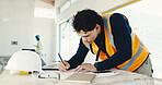 Man, architect and writing with documents on construction site for building design or planning. Male person, contractor or civil engineer taking notes with blueprint for architecture project or ideas