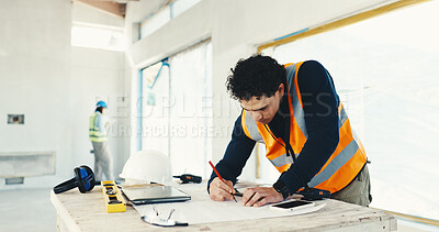 Buy stock photo Architect, man or writing with blueprint on construction site for building design or planning. Male person, contractor or civil engineer taking notes with documents for architecture project or layout