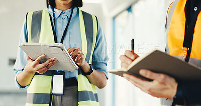 Buy stock photo Team, hands or planning with tablet for construction site, writing notes or development evaluation. People, tech or discussion for architecture project, building design or coordination with notebook