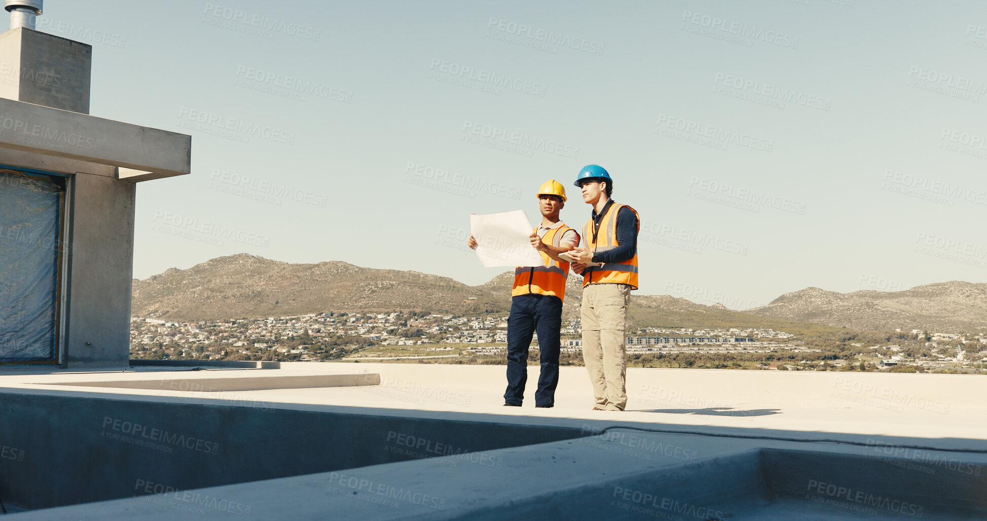 Buy stock photo Team, men or discussion with blueprint for construction at site, electrical layout or development. People, document and planning with electrician, building laborer or engineering coordination outdoor